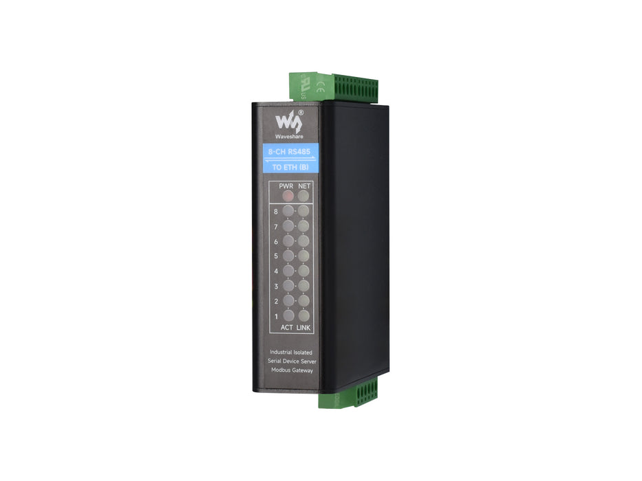 RS485 to Ethernet Serial Server - 8-Ch, Rail-Mount, Isolated, Network Port Option