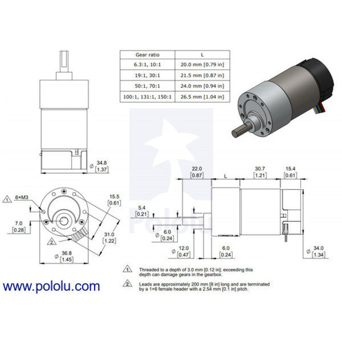 6.3:1 Metal Gearmotor 37Dx65L mm 24V with 64 CPR Encoder (Helical Pinion)