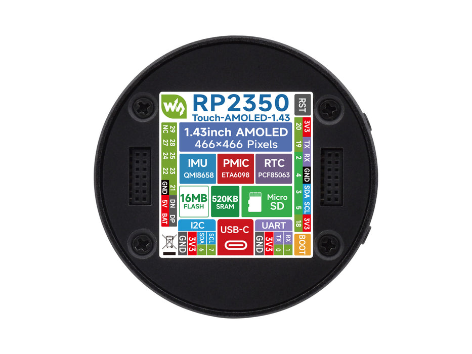 RP2350 1.43" Round AMOLED Display - 466x466, SPI, Accelerometer, Gyroscope, RTC