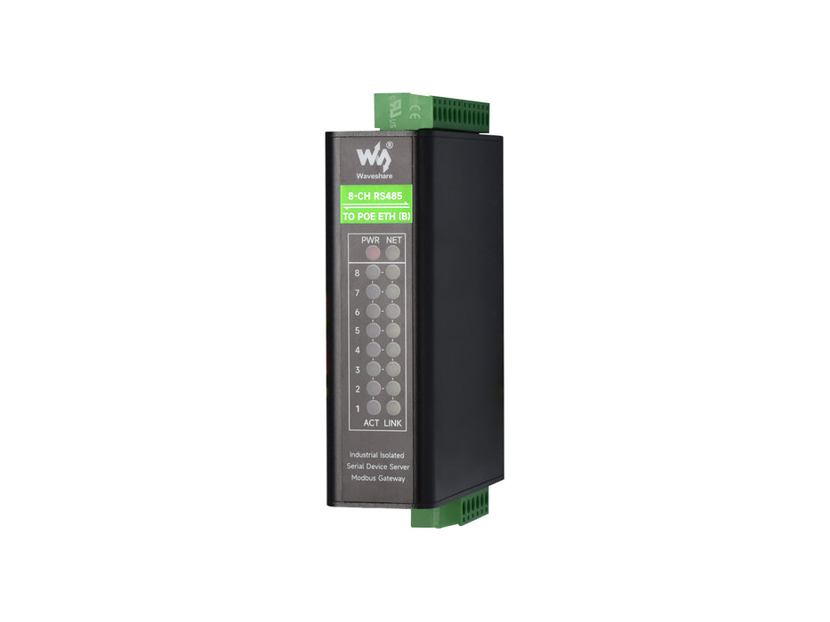 RS485 to Ethernet Serial Server – 8-Channel, Rail-Mount, Isolated, PoE Optional