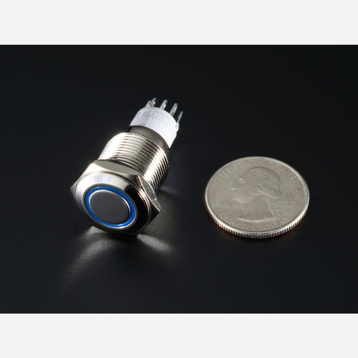 Weatherproof Metal Pushbutton with Blue LED Ring [16mm Blue Momentary]