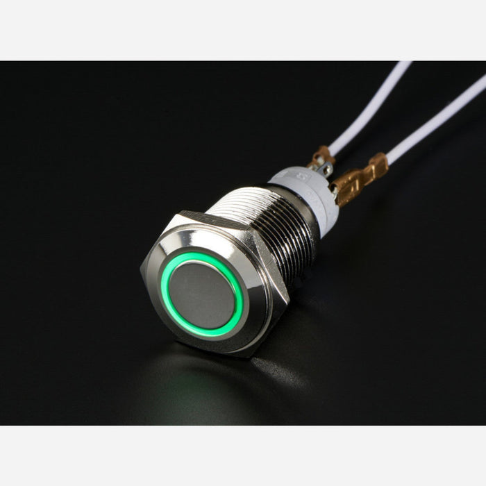 Weatherproof Metal Pushbutton with Green LED Ring [16mm Green Momentary]