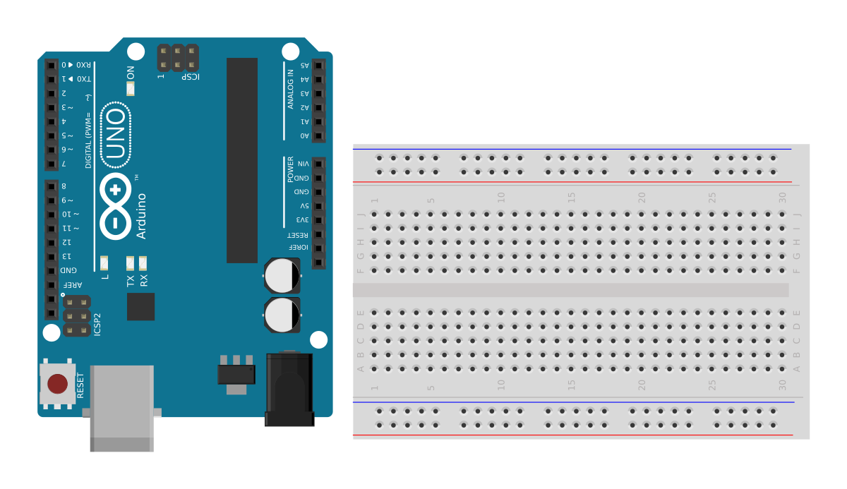 Step 1: an Uno above and a half-size breadboard below, nothing wired yet