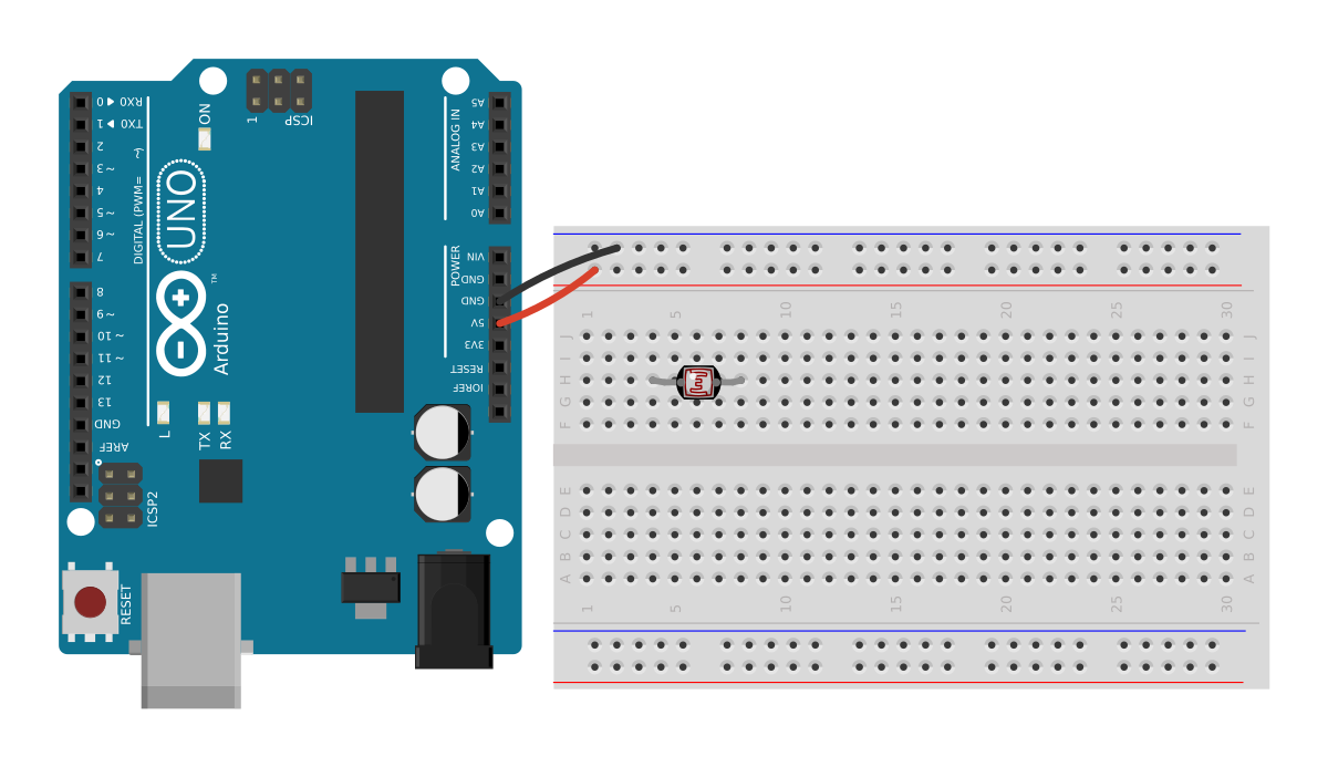 Step 4: the LDR pushed into the breadboard across columns 4 and 8