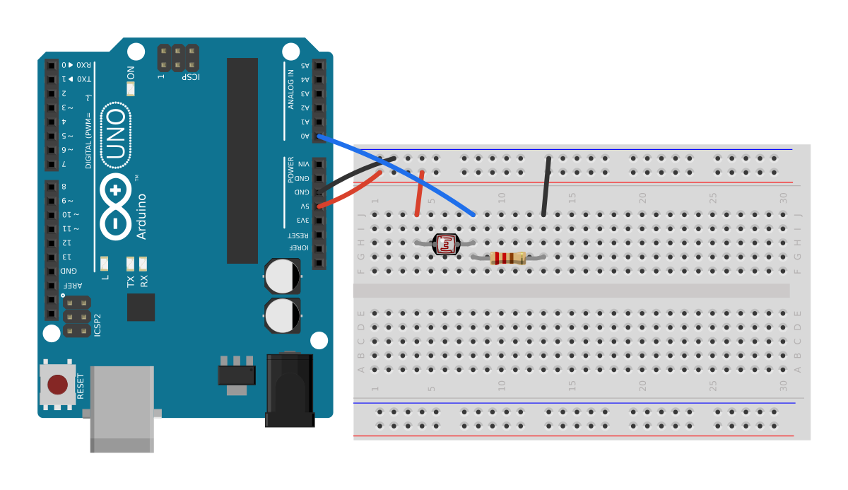 Step 8: the finished divider, with the measurement node wired across to A0