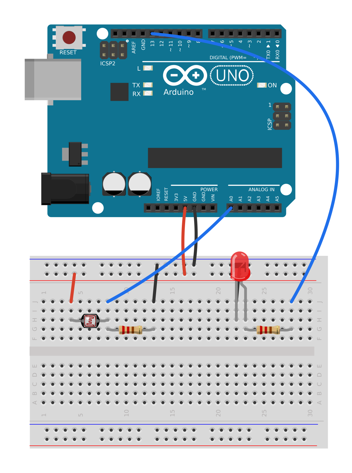 The threshold circuit: an LDR divider on A0 and an LED on pin 13, both on one breadboard