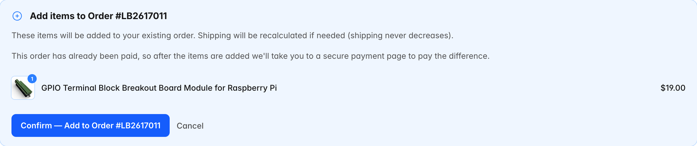 Checkout panel titled Add items to Order #LB2617011 with a Confirm — Add to Order button, noting that the order has already been paid and a secure payment page follows