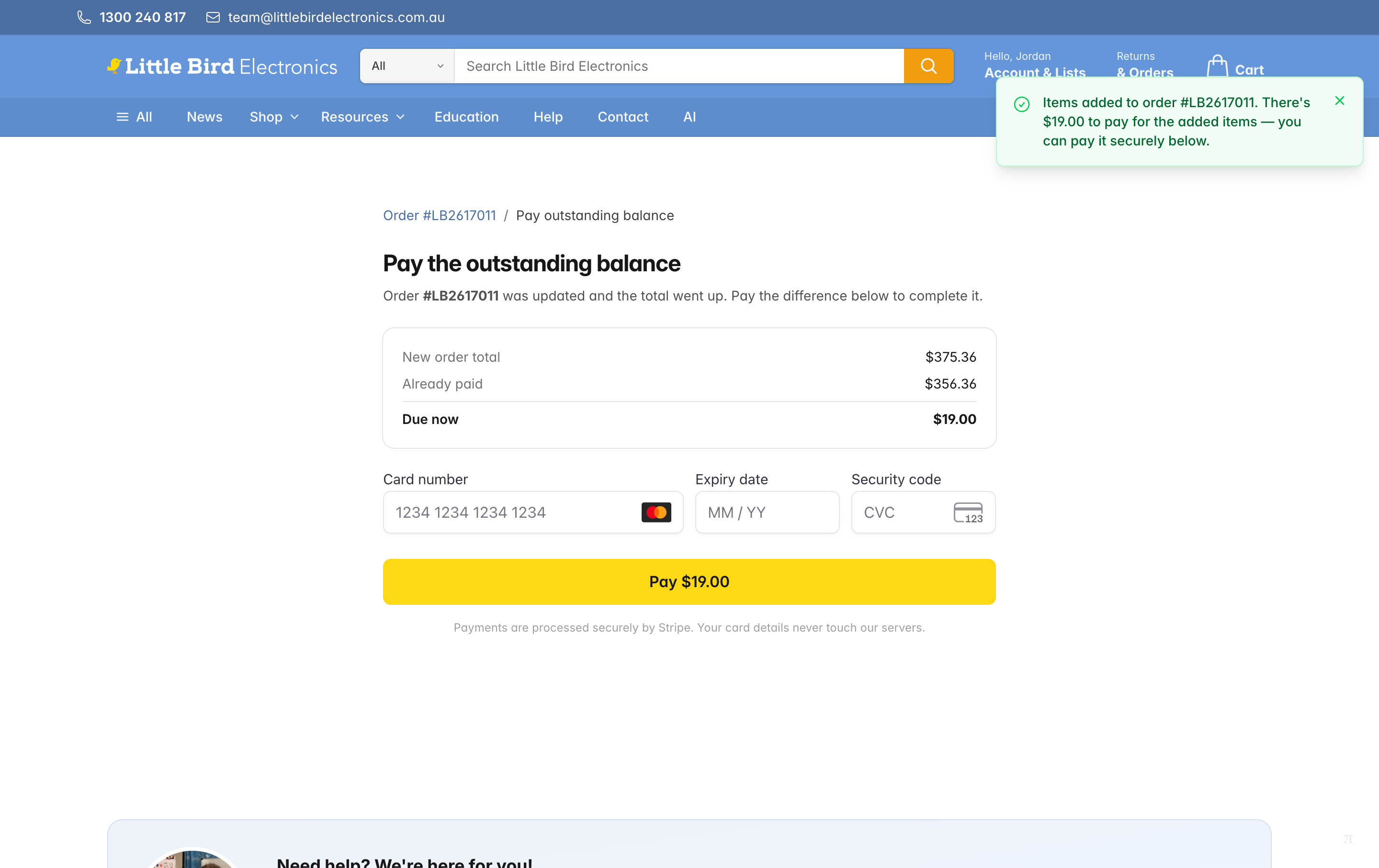 The pay the outstanding balance page showing new order total, already paid amount, the difference due now, and card fields with a Pay button