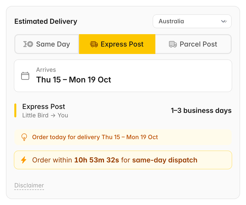 Estimated Delivery panel on a product page with Express Post selected: arrives Thu 15 to Mon 19 Oct, Express Post 1-3 business days from Little Bird to you, and a countdown to the same-day dispatch cutoff