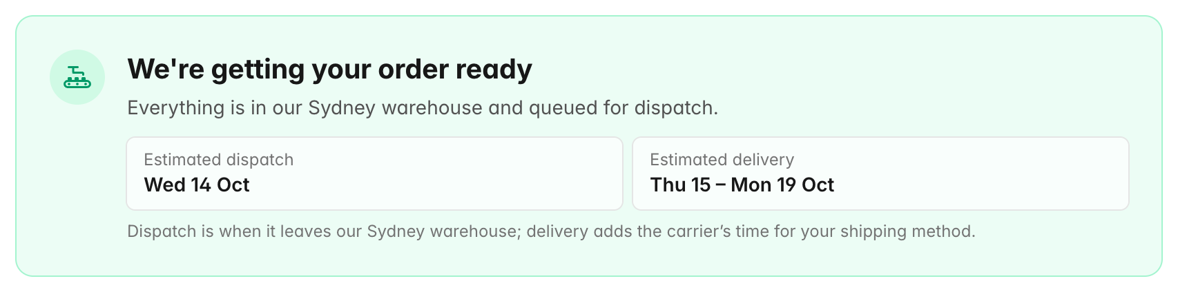 Order page banner reading We're getting your order ready, with Estimated dispatch Wed 14 Oct and Estimated delivery Thu 15 to Mon 19 Oct