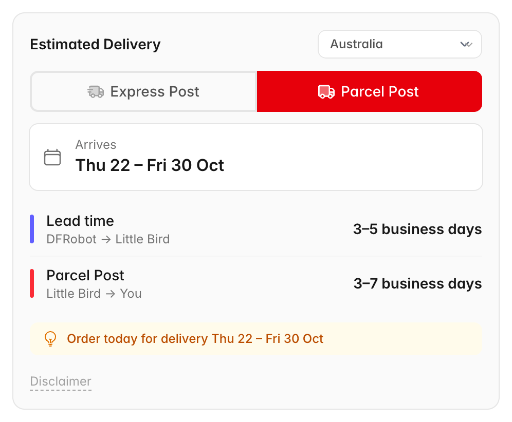 Estimated Delivery panel for an item coming from the supplier: arrives Thu 22 to Fri 30 Oct, made up of a lead time of 3-5 business days from DFRobot to Little Bird and Parcel Post at 3-7 business days from Little Bird to you
