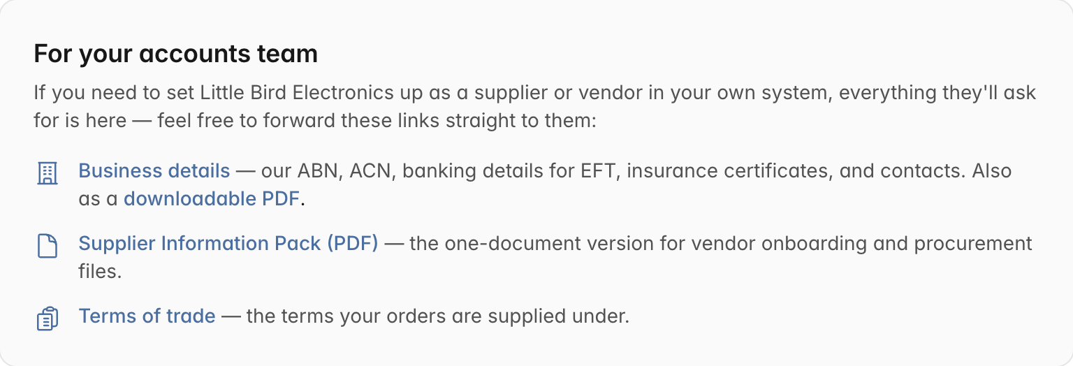 The For your accounts team box linking to business details, the Supplier Information Pack PDF, and the terms of trade