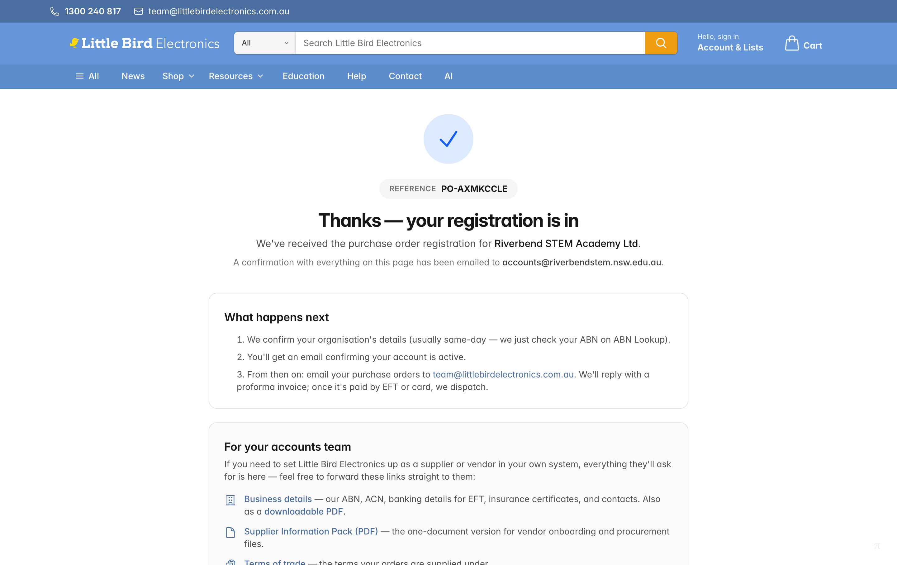 The confirmation page showing an application reference, the what-happens-next steps, and the links for your accounts team