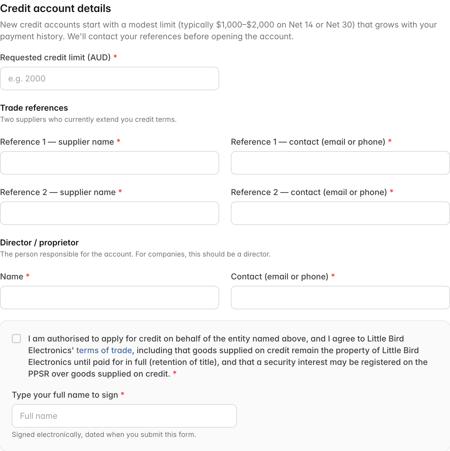 The credit account details section: requested credit limit, two trade references, director or proprietor contact, and the terms-of-trade agreement with a typed signature field