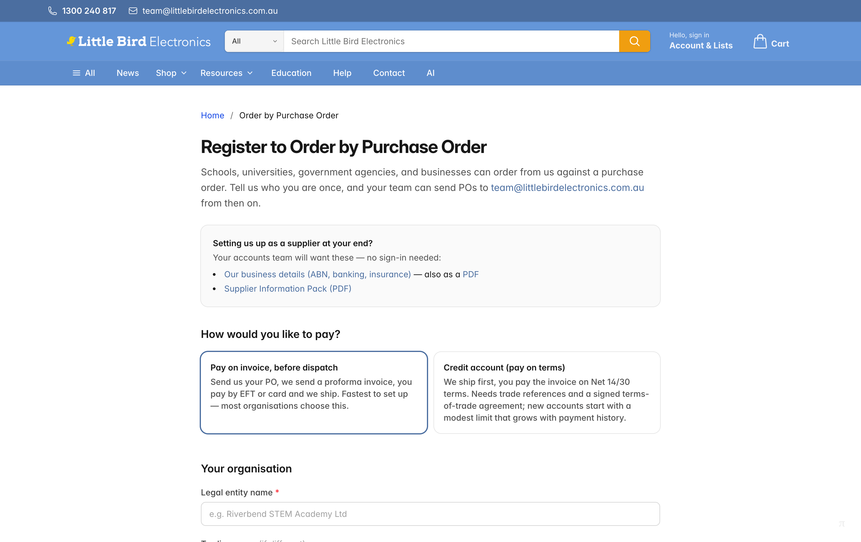 The Register to Order by Purchase Order page, showing the supplier-details links box and the two payment options: pay on invoice before dispatch, or a credit account