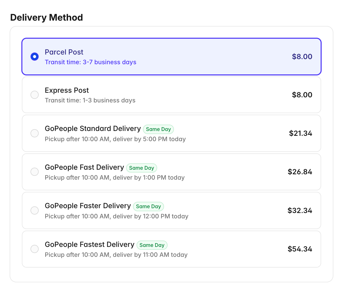 Delivery Method at checkout for a Hornsby address: Parcel Post, transit time 3-7 business days, $8.00; Express Post, transit time 1-3 business days, $8.00; and four GoPeople same-day options, from Standard Delivery at $21.34 to Fastest Delivery at $54.34