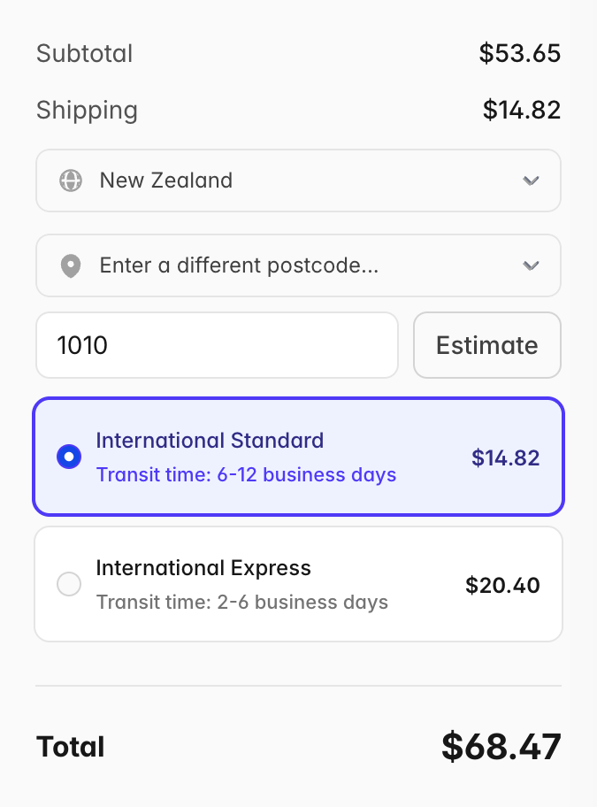 Cart Order Summary with New Zealand selected and postcode 1010: International Standard, transit time 6-12 business days, $14.82, and International Express, transit time 2-6 business days, $20.40