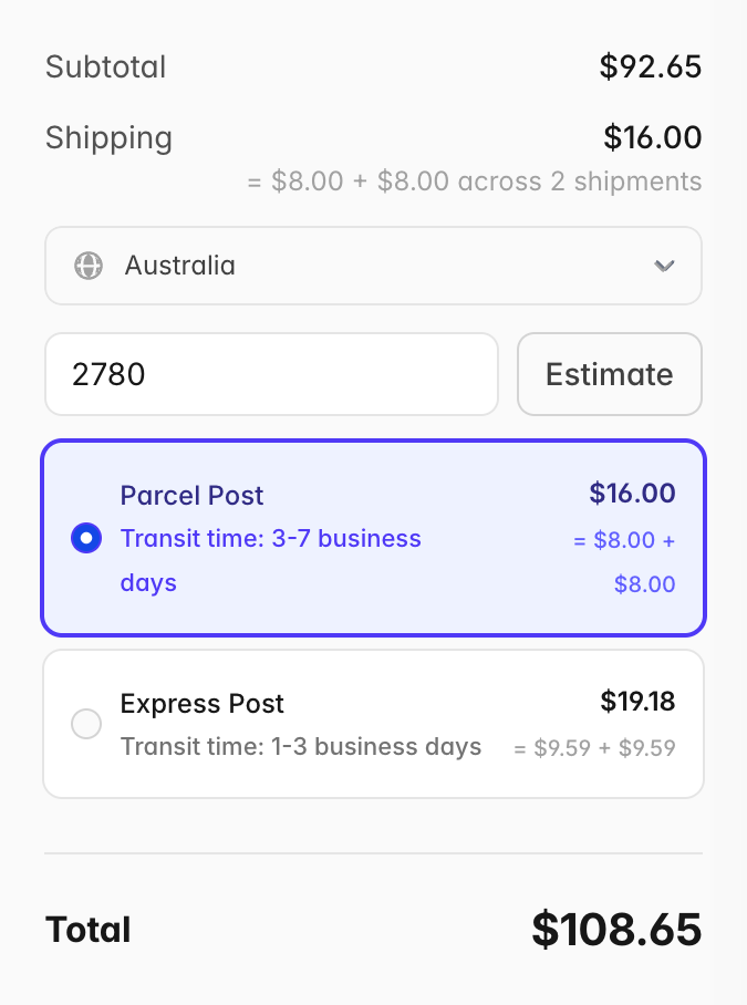 Order Summary showing Shipping $16.00, made up of $8.00 + $8.00 across 2 shipments, with Parcel Post and Express Post each priced per parcel