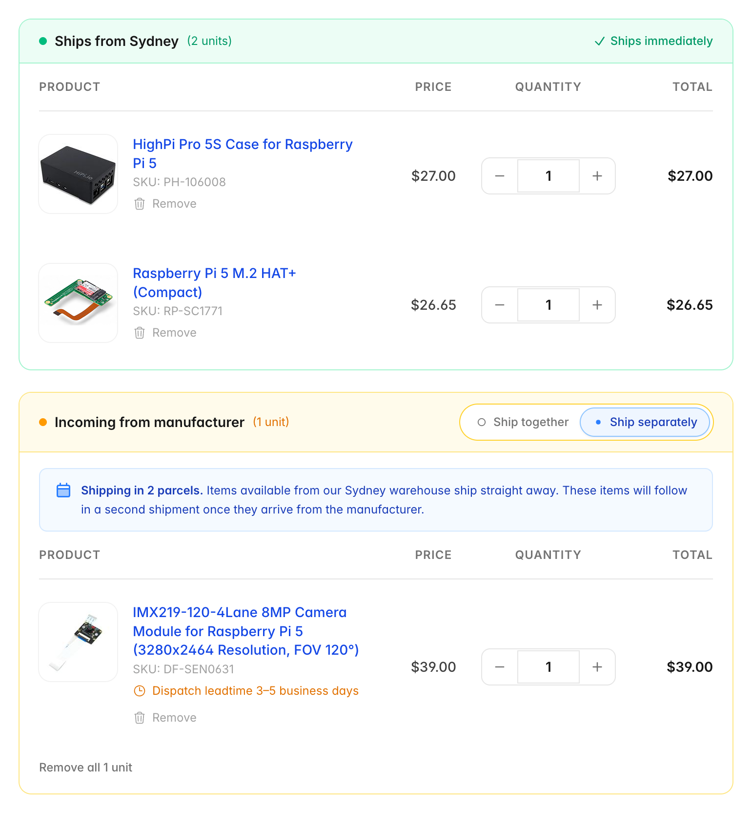Cart with two groups. Ships from Sydney: a HighPi Pro 5S case and a Raspberry Pi 5 M.2 HAT+, marked Ships immediately. Incoming from manufacturer: an IMX219 8MP camera module, with the Ship separately option selected and a note reading Shipping in 2 parcels