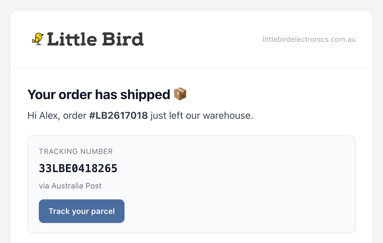 Shipping confirmation email headed Your order has shipped, with tracking number 33LBE0418265 via Australia Post and a Track your parcel button