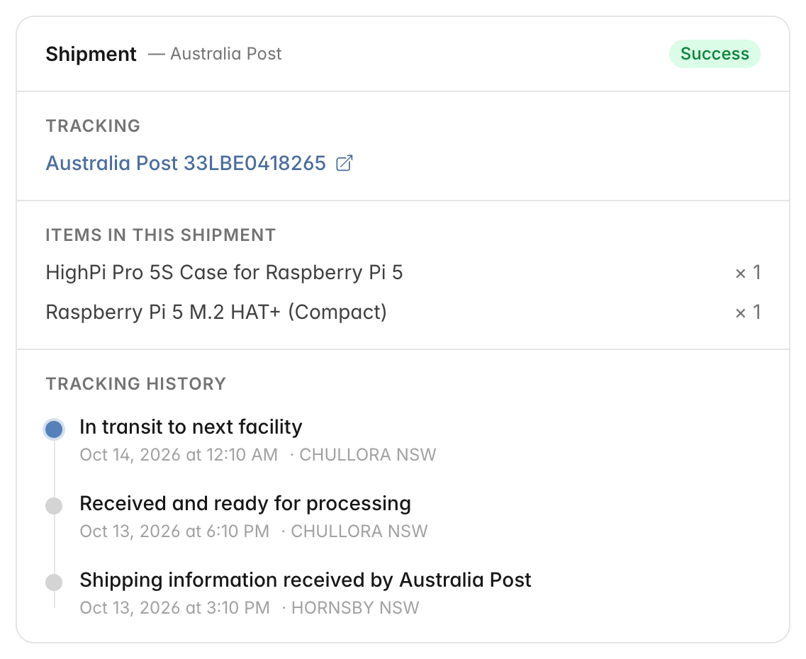 Shipment card on the order page: tracking link Australia Post 33LBE0418265, the two items in the shipment, and a tracking history with three Australia Post scans
