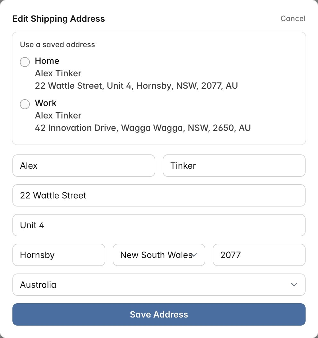 Edit Shipping Address window with a choice of saved addresses, Home and Work, above the address fields and a Save Address button