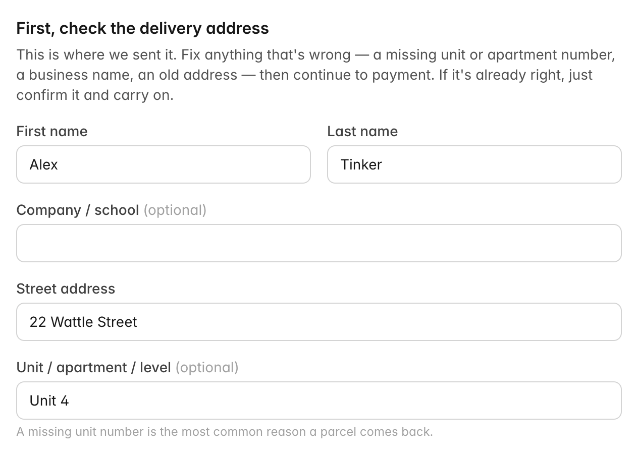 First, check the delivery address: name, company or school, street address, and a Unit / apartment / level field filled in with Unit 4, with the hint that a missing unit number is the most common reason a parcel comes back