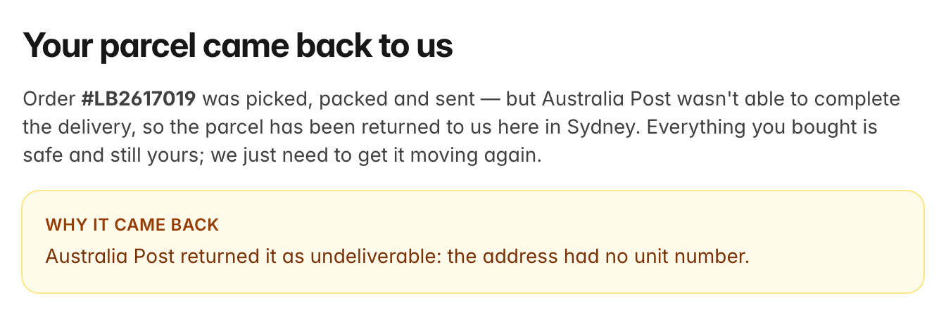Page headed Your parcel came back to us, explaining that Australia Post couldn't complete the delivery, with a Why it came back box: the address had no unit number