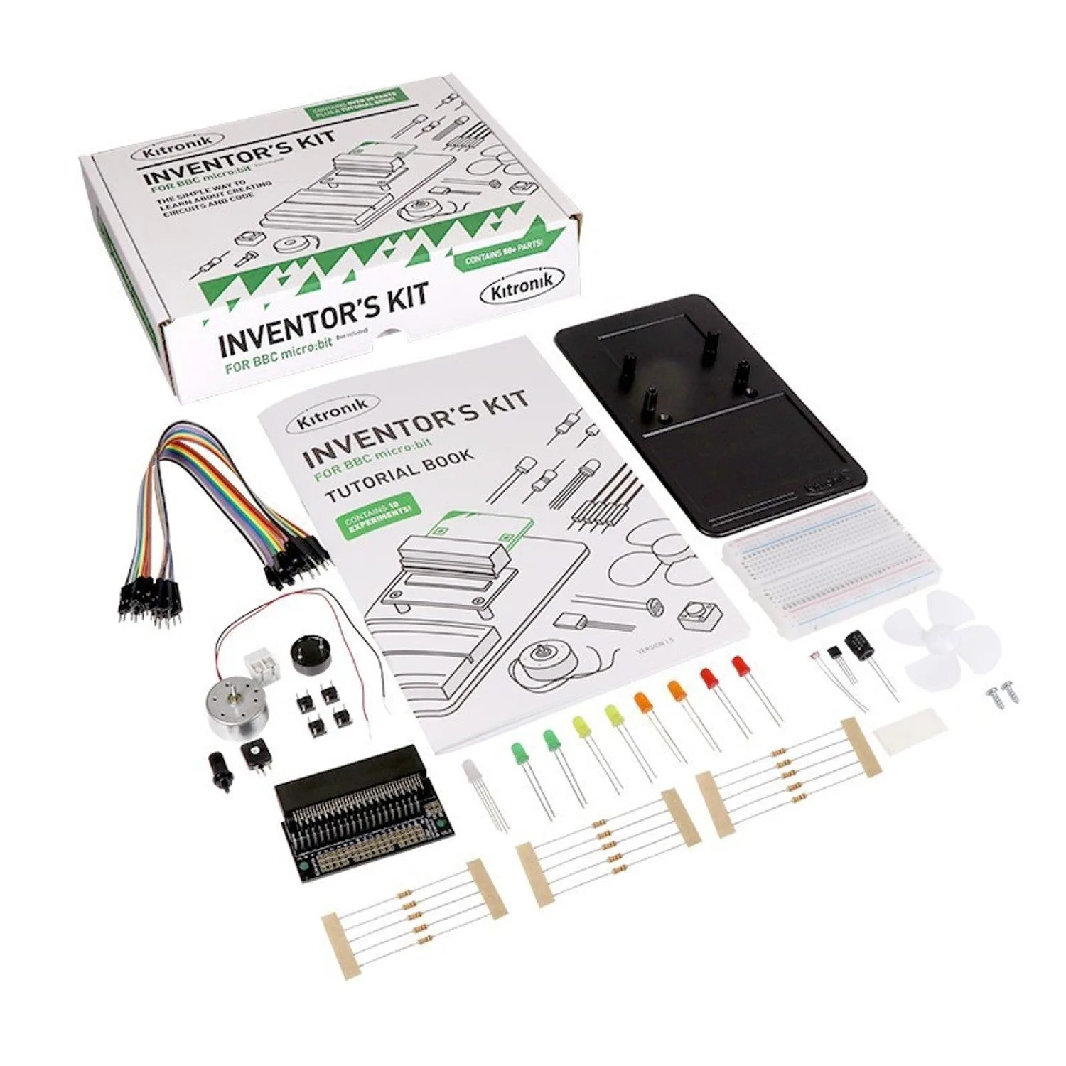 The Kitronik Inventor's Kit laid out in front of its box: the tutorial book, mounting plate, breadboard, micro:bit breakout board, motor and fan blade, LEDs, resistors and jumper wires