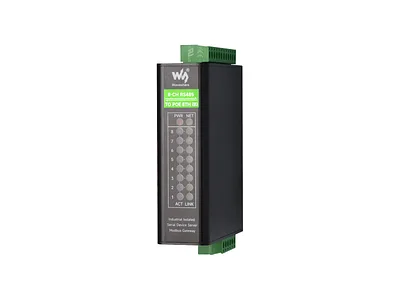 RS485 to Ethernet Serial Server – 8-Channel, Rail-Mount, Isolated, PoE Optional