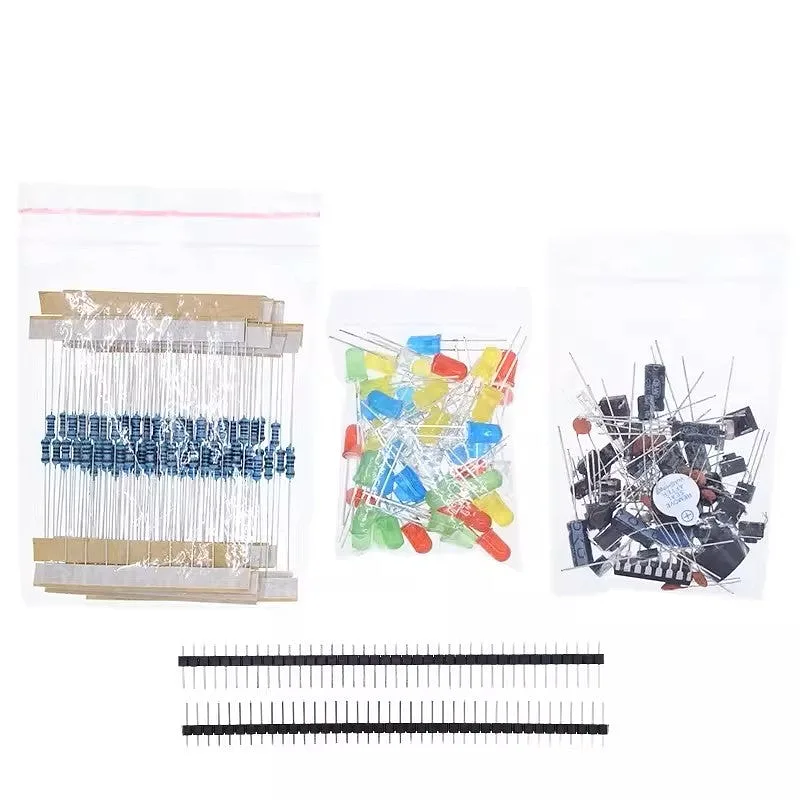 The Electronics Components Basic Starter Kit: bags of resistors, LEDs and mixed components with two header strips