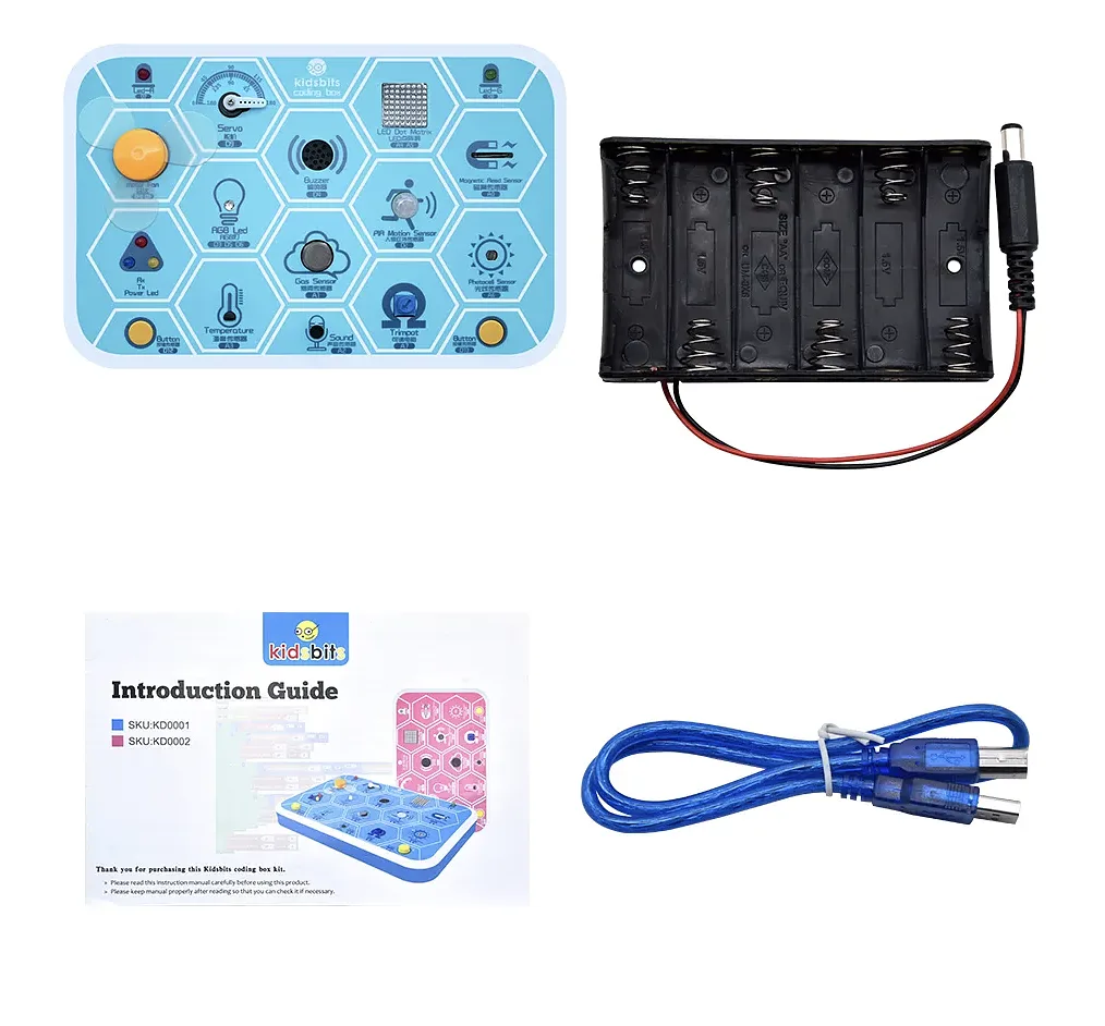 The Kidsbits Coding Box with its battery holder, USB cable and printed introduction guide