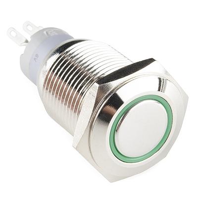 Metal Latching Pushbutton Switch - 16mm, Green LED Ring