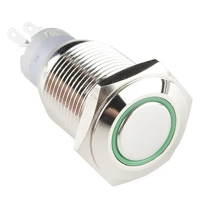 Metal Latching Pushbutton Switch - 16mm, Green LED Ring