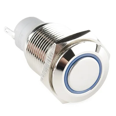 Metal Momentary Pushbutton - 16mm, Blue LED Ring